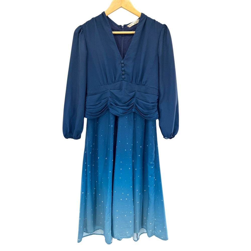 Wayward Fancies eShakti Blue Gradient Star Print Midi Dress Long Sleeve Ruched